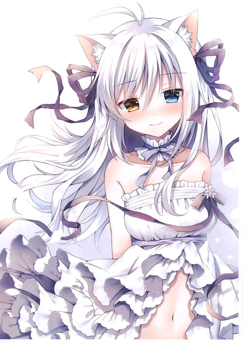 1girl absurdres animal_ear_fluff animal_ears antenna_hair bare_shoulders blue_eyes cat_ears cat_girl center_opening choker closed_mouth collarbone dress floating_hair frilled_dress frills hair_ribbon heterochromia highres long_hair looking_at_viewer mauve navel orange_eyes original ribbon scan sleeveless sleeveless_dress smile solo stomach strapless strapless_dress upper_body white_background white_dress white_hair