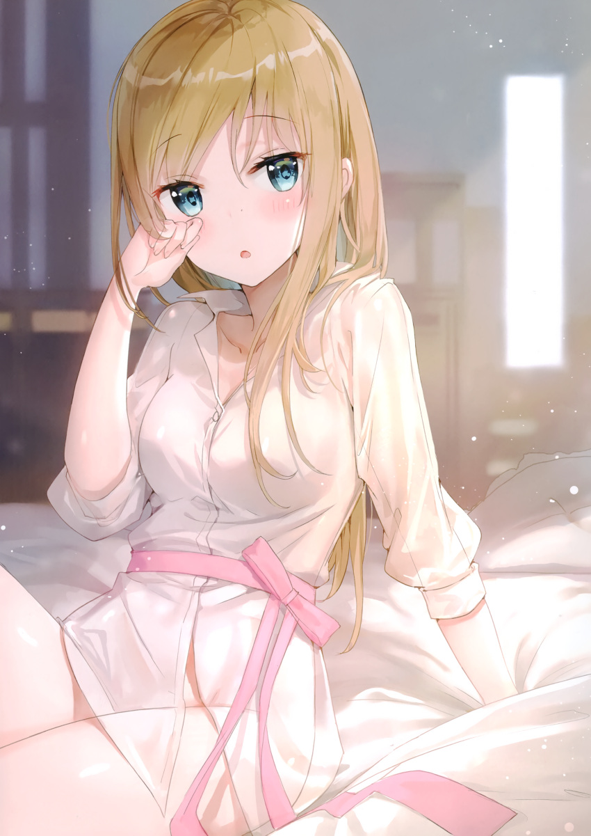 1girl :o absurdres arm_support bangs bed_sheet blue_eyes blurry blurry_background blush bow breasts brown_hair collarbone depth_of_field eyebrows_visible_through_hair fuumi_(radial_engine) groin hand_up highres indoors long_hair long_sleeves looking_at_viewer medium_breasts original parted_lips pillow pink_bow rubbing_eyes sash scan see-through see-through_sleeves solo very_long_hair waking_up