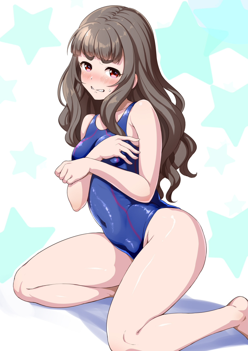 1girl bangs barefoot blue_swimsuit blunt_bangs blush breasts brown_hair clenched_teeth commentary_request competition_swimsuit covered_navel covering covering_breasts embarrassed full_body hair_bun highres hogey_nk-2000 idolmaster idolmaster_cinderella_girls kamiya_nao kneeling long_hair looking_at_viewer nose_blush one-piece_swimsuit red_eyes small_breasts solo star starry_background swimsuit teeth thick_eyebrows white_background