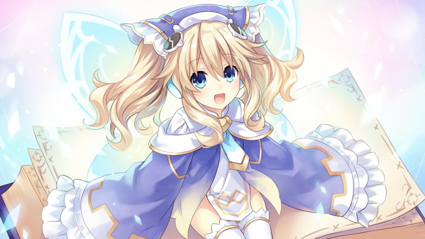 1girl bangs blonde_hair blue_eyes blush book brave_neptune dress eyebrows_visible_through_hair fairy_wings frilled_sleeves frills game_cg hair_between_eyes hair_ornament highres histoire long_hair looking_at_viewer necktie neptune_(series) open_book open_mouth purple_dress sitting smile solo thigh-highs tsunako twintails white_legwear wings