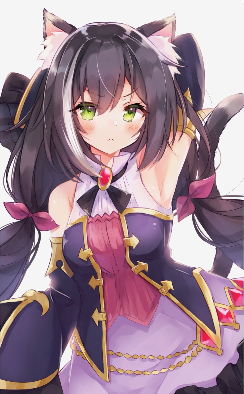 1girl animal_ear_fluff animal_ears arm_up armpits bare_shoulders black_hair black_neckwear breasts brooch cat_ears cat_girl cat_tail detached_sleeves dress green_eyes highres jewelry kyaru_(princess_connect) long_hair long_sleeves looking_at_viewer low_twintails medium_breasts multicolored_hair nekomugiharu princess_connect! princess_connect!_re:dive solo streaked_hair tail twintails two-tone_hair upper_body v-shaped_eyebrows very_long_hair white_background white_dress