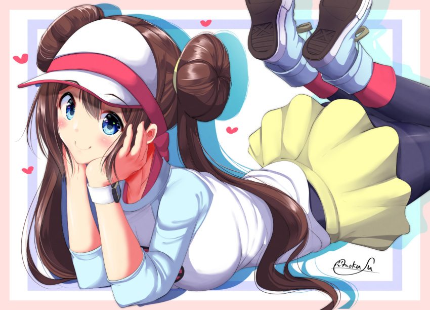 1girl black_legwear blue_eyes blush breasts brown_hair double_bun hair_bun legwear_under_shorts low_twintails medium_breasts mei_(pokemon) mokufuu pantyhose pokemon pokemon_(game) pokemon_bw2 pokemon_masters shorts smile solo twintails visor_cap