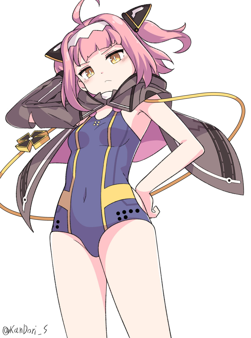 1girl absurdres ahoge artist_name asymmetrical_clothes azur_lane bangs breasts closed_mouth covered_navel cowboy_shot frown hand_behind_head hand_on_hip highres iron_cross jacket jacket_over_swimsuit kandori looking_at_viewer navel off_shoulder one-piece_swimsuit pink_hair short_hair simple_background small_breasts solo standing swimsuit twitter_username u-81_(azur_lane) white_background yellow_eyes