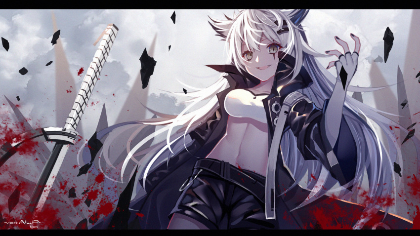 1girl aluppia animal_ears arknights bangs black_jacket black_shorts blood blood_splatter blurry blurry_background breasts brown_eyes clouds commentary_request eyebrows_visible_through_hair fingerless_gloves gloves grey_gloves hair_between_eyes highres jacket lappland_(arknights) letterboxed long_hair long_sleeves looking_at_viewer medium_breasts open_clothes open_jacket scar scar_across_eye shorts sky smile solo stomach sword weapon white_hair wide_sleeves