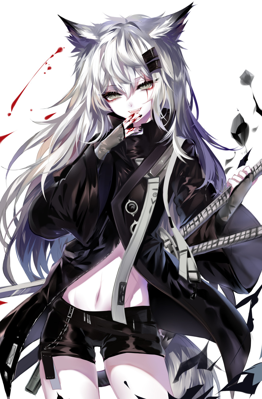 1girl :d absurdres animal_ears arknights bangs black_jacket black_nails black_shorts blood bloody_hands cowboy_shot grey_eyes hair_between_eyes hand_up highres jacket katana lappland_(arknights) long_hair long_sleeves looking_at_viewer midriff nail_polish navel open_mouth scar scar_across_eye sheath sheathed sheya short_shorts shorts silver_hair simple_background smile solo standing stomach sword thighs very_long_hair weapon white_background wolf_ears