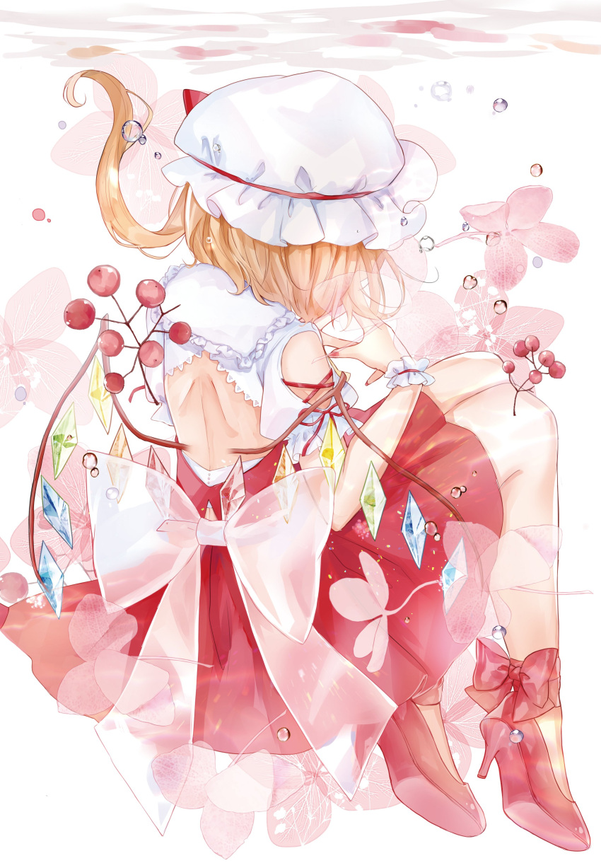 1girl absurdres ascot back_cutout bare_back bare_shoulders blonde_hair bow commentary_request crystal flandre_scarlet frilled_shirt_collar frills from_behind full_body hat hat_bow high_heels highres knees_up long_hair miniskirt mob_cap moko_(3886397) nail_polish one_side_up own_hands_together puffy_short_sleeves puffy_sleeves red_bow red_footwear red_nails red_skirt red_vest shirt short_sleeves shoulder_cutout sitting skirt skirt_set solo steepled_fingers thighs touhou vest white_background white_headwear white_shirt wings yellow_neckwear