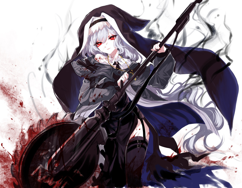 1girl absurdres arknights bangs black_dress black_legwear blood bloody_weapon cowboy_shot dress eyebrows_visible_through_hair garter_straps grey_capelet grey_jacket habit hair_between_eyes head_tilt highres holding holding_weapon jacket long_hair long_sleeves nun parted_lips red_eyes sheya shirt side_slit silver_hair simple_background smile solo specter_(arknights) thigh-highs thigh_strap thighs very_long_hair weapon white_background white_shirt