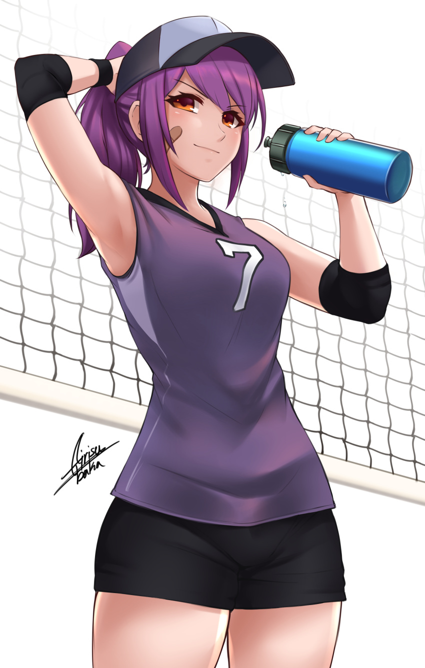 1girl absurdres airisubaka artist_name bangs bare_shoulders black_shorts bottle breasts brown_eyes commentary eyebrows_visible_through_hair from_below hat highres leah_(airisubaka) long_hair looking_at_viewer medium_breasts number original ponytail purple_hair purple_shirt shirt short_shorts shorts signature sleeveless sleeveless_shirt smile solo sportswear white_background