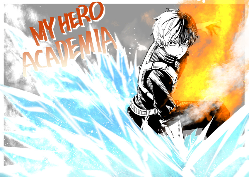 1boy bangs boku_no_hero_academia closed_mouth copyright_name fire grey_background hair_between_eyes highres ice jacket looking_at_viewer male_focus multicolored_hair natsupa pants shorts smoke solo todoroki_shouto two-tone_background two-tone_hair v-shaped_eyebrows white_background