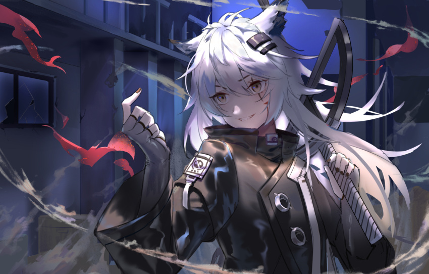 1girl animal_ears arknights bangs black_jacket black_nails broken_glass broken_wall broken_window brown_eyes building commentary_request eyebrows_visible_through_hair fingerless_gloves fingernails glass gloves grey_gloves grin hair_between_eyes hair_ornament hairclip hand_up holding holding_sword holding_weapon hua_ye jacket lappland_(arknights) long_hair long_sleeves looking_away nail_polish outdoors over_shoulder railing scar scar_across_eye smile smoke solo sword upper_body v-shaped_eyebrows weapon weapon_over_shoulder white_hair wide_sleeves