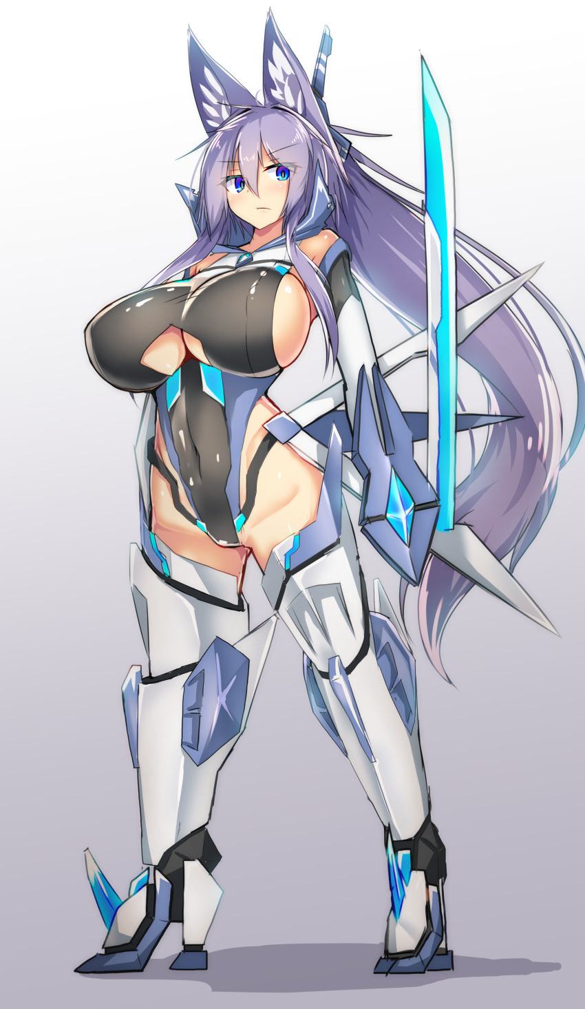 1girl absurdres animal_ears armor black_leotard blue_eyes boots breasts closed_mouth fox_ears full_body gloves gradient gradient_background highleg highleg_leotard highres huge_breasts indigo_(tylwing) leotard long_hair looking_at_viewer mecha_musume multicolored multicolored_eyes original purple_background purple_hair serious shiny shiny_skin sideboob simple_background solo standing thigh-highs thigh_boots thighs tylwing under_boob violet_eyes white_background