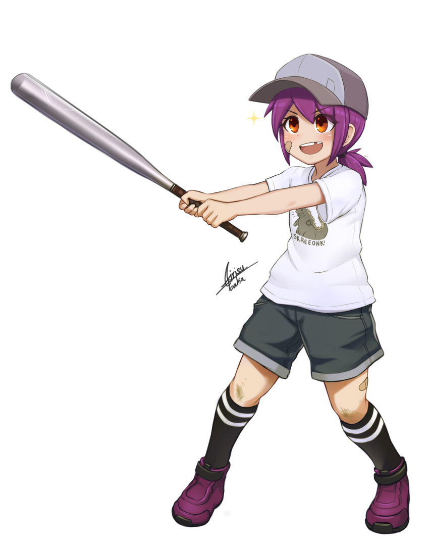 1girl airisubaka baseball_bat baseball_cap black_legwear blush brown_shorts child commentary eyebrows_visible_through_hair full_body hair_between_eyes hat highres holding_baseball_bat leah_(airisubaka) looking_at_viewer missing_tooth open_mouth original ponytail purple_footwear purple_hair shirt shoes shorts simple_background smile socks solo teeth white_background white_shirt