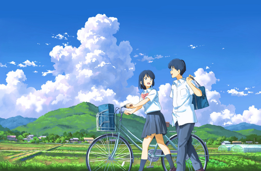 1boy 1girl :d absurdres bag bicycle bicycle_basket blue_eyes blue_hair blue_pants blue_skirt bow bowtie clouds collared_shirt day dress_shirt farm field greenhouse ground_vehicle highres holding holding_bag house kneehighs looking_at_another miniskirt mountain mountainous_horizon open_mouth original outdoors pants pleated_skirt red_bow rural school_bag school_uniform shirt short_sleeves skirt sky smile tokoya_(b4ahdfsf42ljwic) walking white_shirt