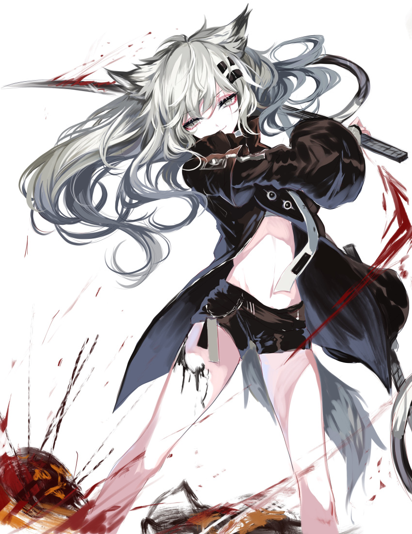 1girl absurdres animal_ear_fluff animal_ears arknights bangs bare_legs black_jacket black_shorts blood eyebrows_visible_through_hair feet_out_of_frame floating_hair grey_eyes hair_between_eyes hair_ornament hairclip head_tilt high_collar highres holding holding_sword holding_weapon jacket katana lappland_(arknights) long_hair long_sleeves looking_at_viewer midriff navel open_clothes open_jacket sheya short_shorts shorts silver_hair simple_background smile solo standing stomach sword tail thighs weapon white_background wide_sleeves wolf_ears wolf_tail