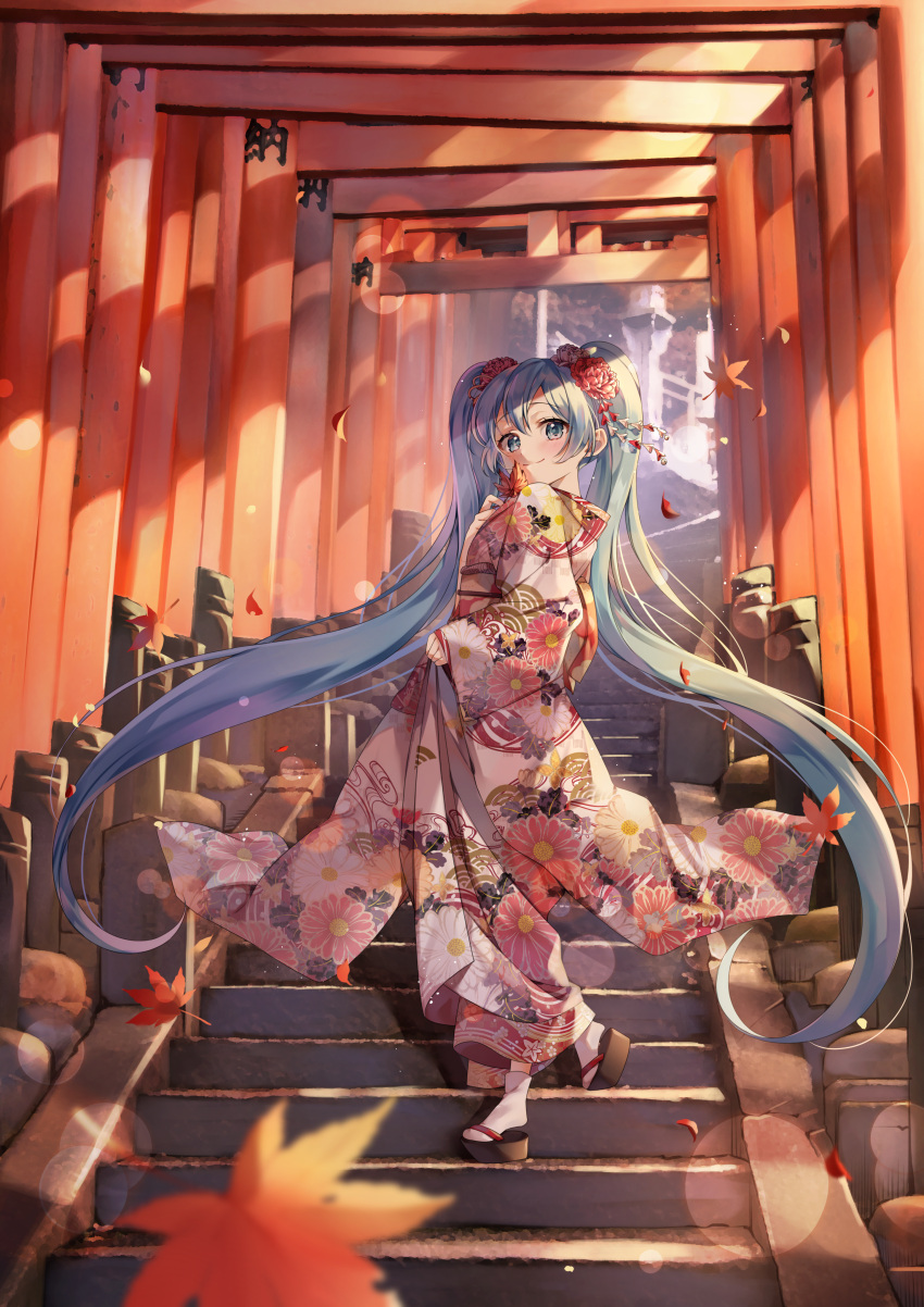 1girl absurdly_long_hair absurdres aqua_eyes aqua_hair chyoling commentary floating_hair floral_print flower full_body hair_between_eyes hair_flower hair_ornament hatsune_miku highres huge_filesize japanese_clothes kimono leaf long_hair looking_at_viewer looking_back multiple_torii outdoors sandals smile socks solo stairs standing torii twintails very_long_hair vocaloid