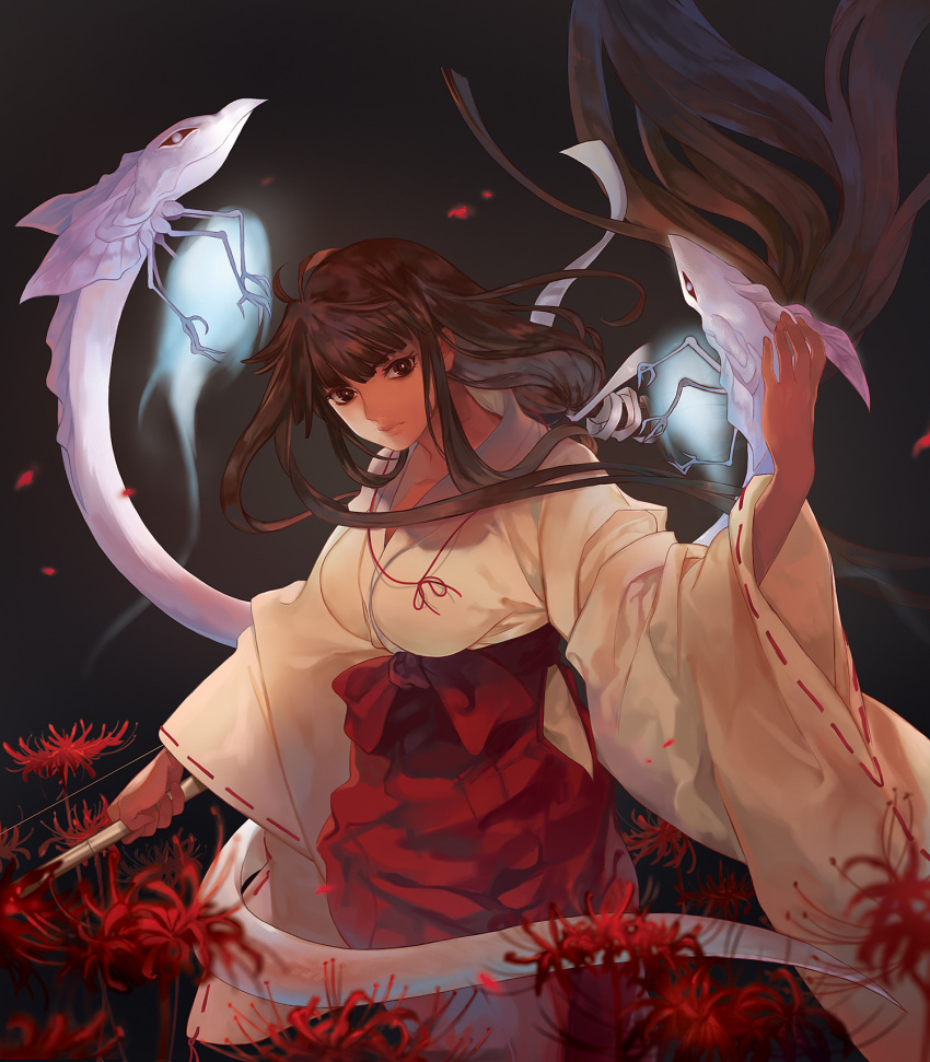 1girl black_hair bow_(weapon) breasts brown_eyes cowboy_shot flower hakama highres inuyasha japanese_clothes kikyou_(inuyasha) lips long_hair looking_at_viewer medium_breasts miko my-cooma petals red_hakama shinidamachuu solo spider_lily weapon