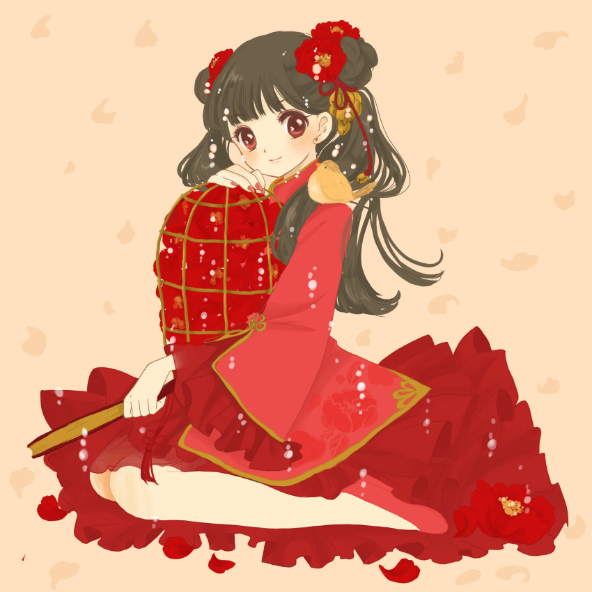 1girl absurdres animal animal_on_shoulder bird bird_on_shoulder birdcage black_hair cage cardcaptor_sakura china_dress chinese_clothes double_bun dress earrings flower full_body hair_flower hair_ornament highres jewelry kneeling li_meiling looking_at_viewer nail_polish red_eyes red_footwear solo twintails yukiko_(cococop)