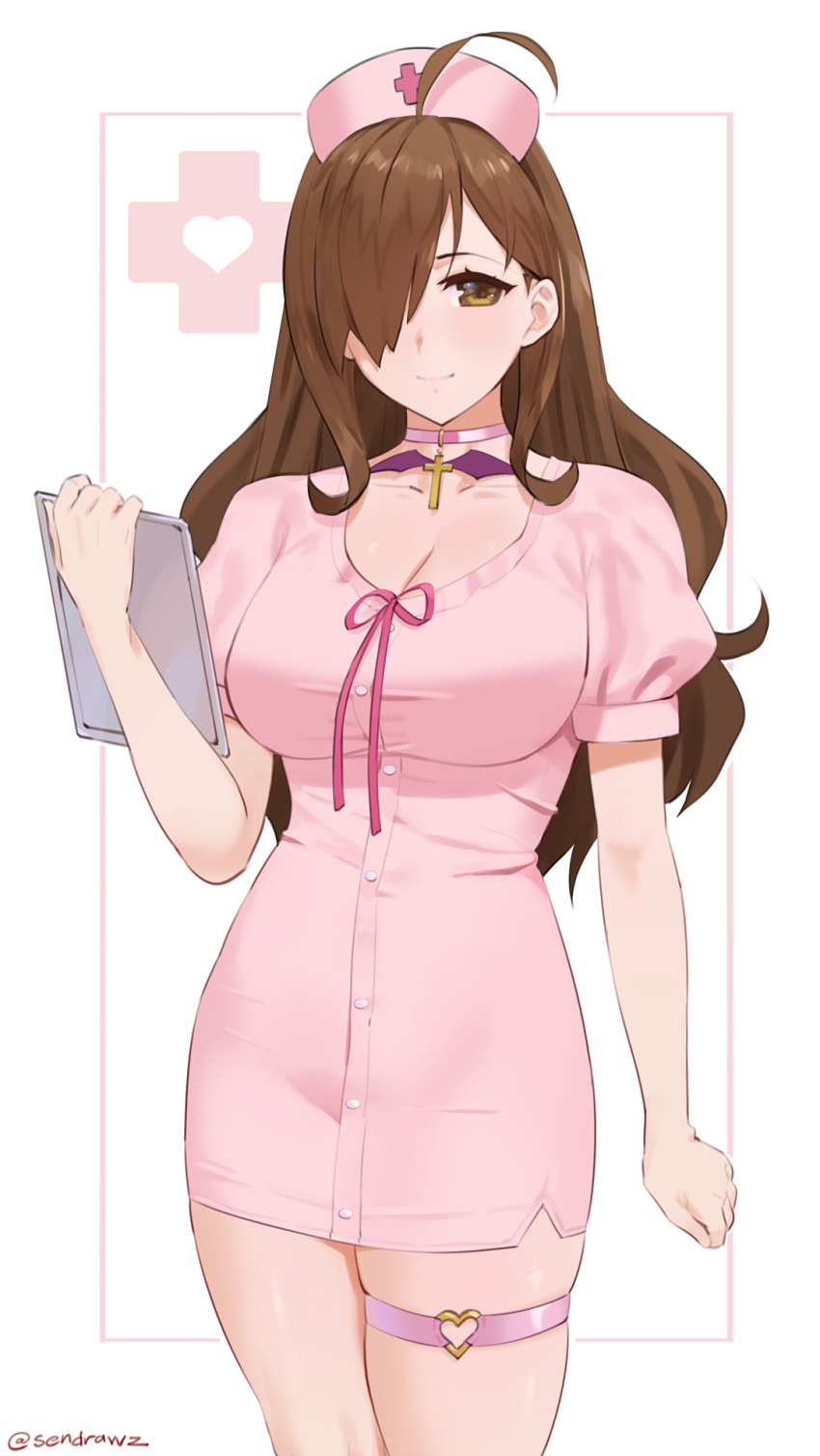 1girl ahoge artist_name breasts brown_eyes brown_hair choker clipboard cowboy_shot cross hair_over_one_eye hat heart heart_ring highres jewelry kono_subarashii_sekai_ni_shukufuku_wo! large_breasts long_hair looking_at_viewer nurse nurse_cap puffy_short_sleeves puffy_sleeves ribbon sendrawz short_sleeves simple_background smile solo thigh_strap tight tight_top twitter_username wiz_(konosuba)