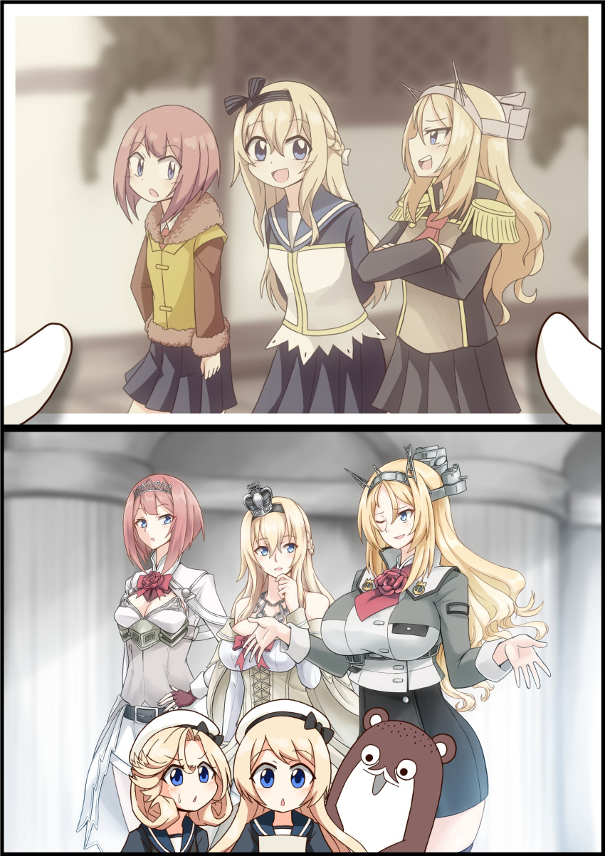 1other 5girls absurdres age_progression ark_royal_(kantai_collection) arms_behind_back bangs before_and_after belt black_belt black_headband black_jacket black_legwear black_skirt blonde_hair blue_eyes blue_sailor_collar blush bokukawauso braid breasts british brown_jacket corset cropped_jacket crown dress epaulettes fairy_(kantai_collection) fingerless_gloves french_braid gloves grey_jacket hairband hand_on_hip hand_to_own_mouth hat headband headgear highres holding_photo huge_breasts jacket janus_(kantai_collection) jervis_(kantai_collection) kantai_collection large_breasts long_hair looking_at_another medium_breasts multiple_girls nelson_(kantai_collection) one_eye_closed open_mouth pantyhose parted_bangs pleated_skirt red_gloves red_neckwear redhead sailor_collar sailor_dress sailor_hat school_uniform short_hair sidelocks skirt suke_(share_koube) talking thigh-highs tiara walking warspite_(kantai_collection) white_dress white_headwear white_legwear younger