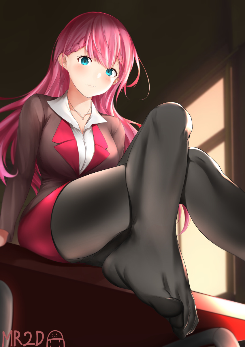 1girl absurdres arm_support black_legwear blue_eyes blush bokutachi_wa_benkyou_ga_dekinai breasts collarbone crossed_legs from_below highres jewelry kirisu_mafuyu long_hair looking_at_viewer mr2d necklace pantyhose pencil_skirt pink_hair skirt solo teacher wavy_mouth