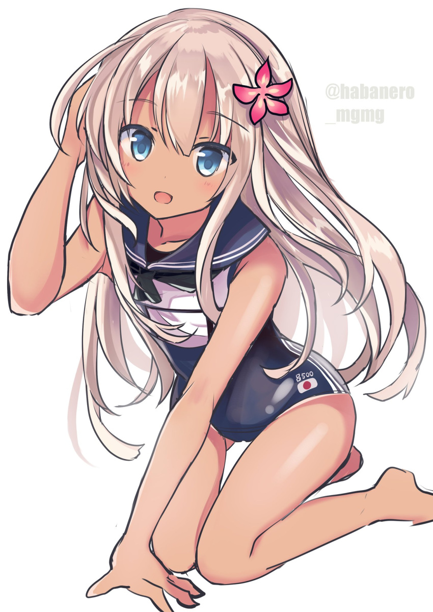 1girl barefoot blonde_hair blue_eyes crop_top fathom flower full_body hair_flower hair_ornament highres kantai_collection kneeling long_hair looking_at_viewer one-piece_swimsuit one-piece_tan ro-500_(kantai_collection) sailor_collar school_swimsuit simple_background smile solo swimsuit swimsuit_under_clothes tan tanline twitter_username white_background