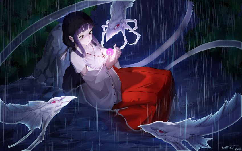 1girl absurdres black_hair brown_eyes hair_rings hakama highres inuyasha japanese_clothes junexp kikyou_(inuyasha) long_hair miko night rain red_eyes red_hakama shikon_no_tama shinidamachuu sitting solo water