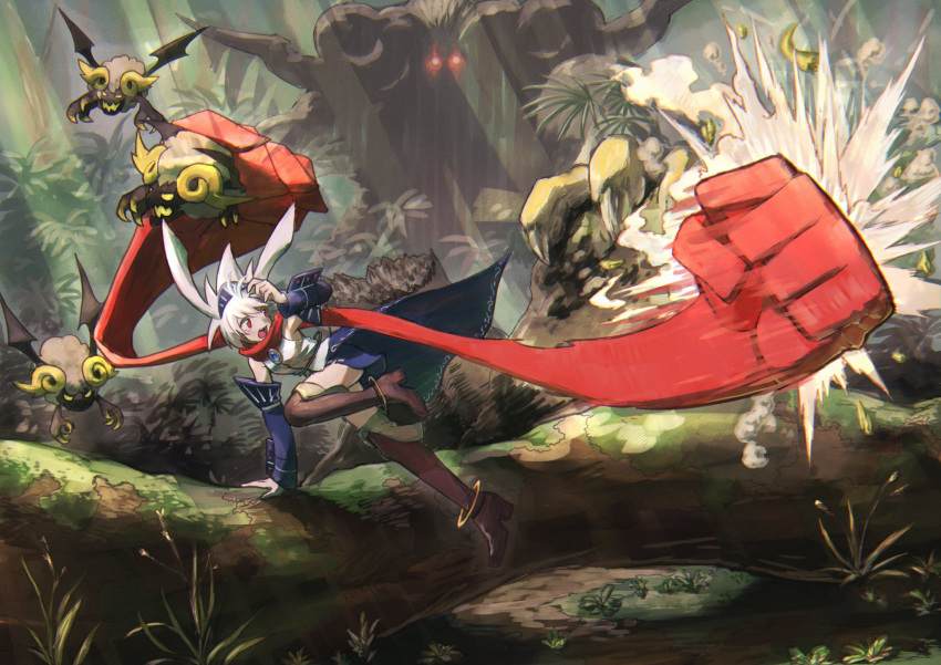1girl armor bare_shoulders boots broken brown_legwear claws clenched_hand fighting flying forest glowing glowing_eyes green_eyes high_heels highres hitting holding light_rays log looking_back moss nature nemoto_yuuma open_mouth original outdoors plant red_eyes red_scarf scarf tree white_hair