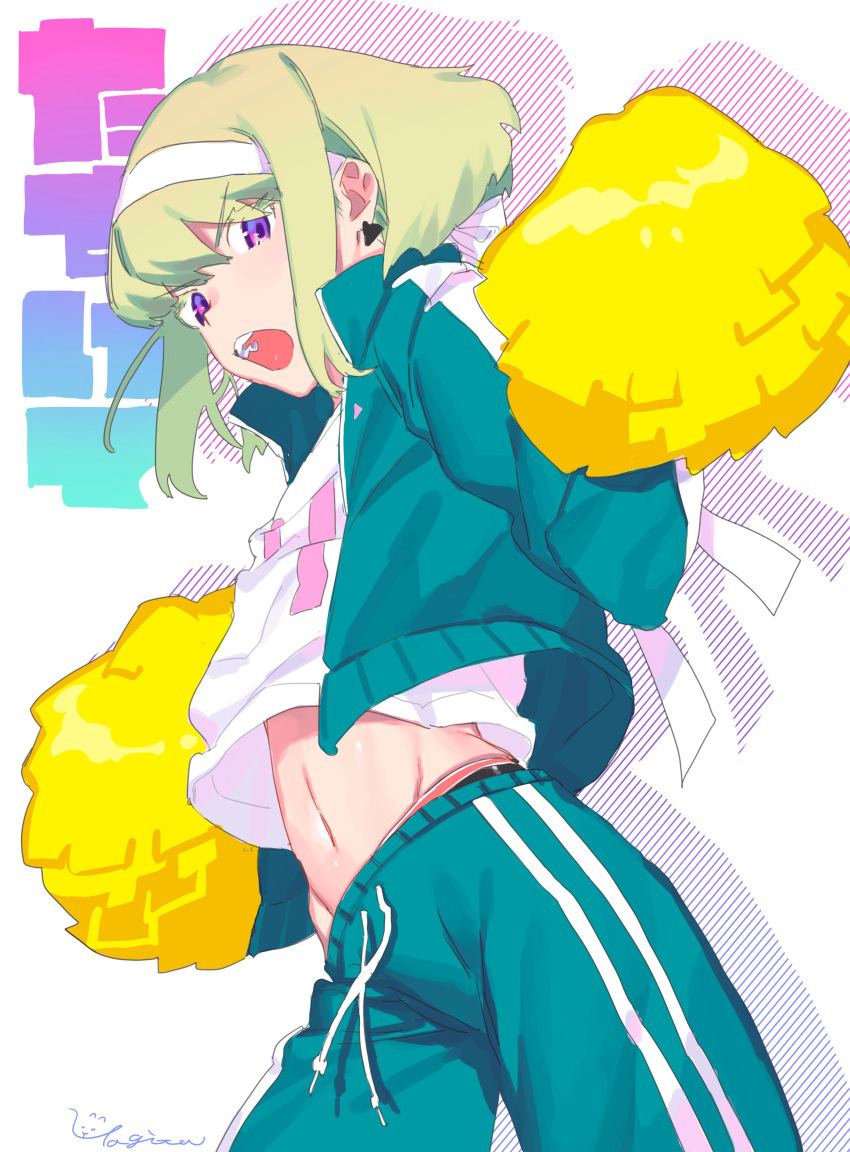 1boy absurdres androgynous blush cheering earrings green_hair highres jewelry lio_fotia looking_at_viewer male_focus midriff navel open_mouth pom_poms promare short_hair violet_eyes yagita_(astronomie)