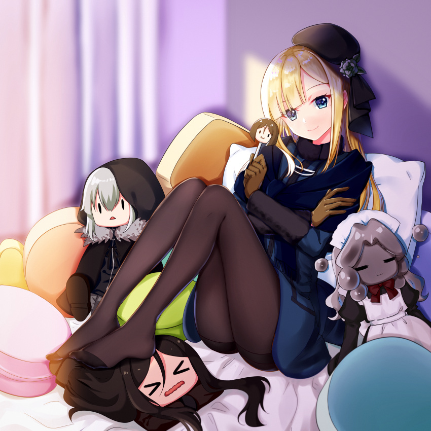 &gt;_&lt; 1girl absurdres bangs bed bed_sheet black_legwear blonde_hair blue_eyes character_doll closed_mouth commentary curtains eyebrows_visible_through_hair eyes_visible_through_hair fate/grand_order fate_(series) gloves gray_(lord_el-melloi_ii) head_tilt highres indoors jacket long_hair long_sleeves looking_at_viewer lord_el-melloi_ii lord_el-melloi_ii_case_files mahou_shounen on_bed open_mouth pantyhose pillow reines_el-melloi_archisorte scarf sidelocks sitting sitting_on_bed smile sunlight trimmau waver_velvet wavy_mouth window window_shade