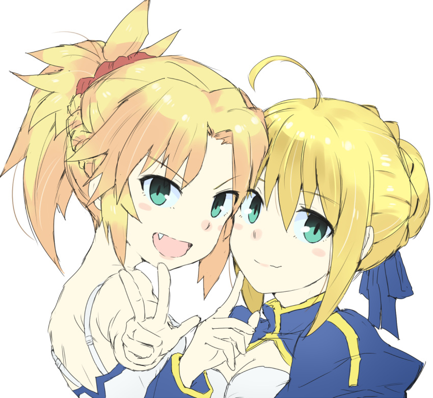 2girls ahoge artoria_pendragon_(all) bare_shoulders blonde_hair blue_dress blue_ribbon braid breasts commentary_request dress eyebrows_visible_through_hair face fang fate/grand_order fate_(series) gedou_(ge_ge_gedou) green_eyes hair_between_eyes hair_ornament hair_ribbon hair_scrunchie looking_at_viewer mordred_(fate) mordred_(fate)_(all) multiple_girls puffy_sleeves red_scrunchie ribbon saber scrunchie simple_background smile w white_background