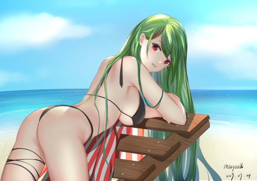 1girl 2019 alternate_costume arched_back arm_rest artist_name ass azur_lane back bangs bare_shoulders beach bent_over bikini black_bikini black_legwear blue_sky breasts clouds dated day eyebrows_visible_through_hair eyelashes from_side green_hair horizon large_breasts littorio_(azur_lane) littorio_(the_glory_of_naples)_(azur_lane) long_hair looking_back maoyao-ll multicolored_hair no_eyewear no_hat no_headwear outdoors parted_lips red_eyes redhead shiny shiny_hair sky smile solo streaked_hair swept_bangs swimsuit thigh_strap thighs under_boob very_long_hair