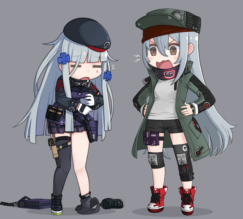 =_= bangs beret blue_hair blunt_bangs breasts closed_eyes clothes_writing collar facial_mark full_body g11_(girls_frontline) girls_frontline gloves grey_background hands_on_hips hat hk416_(girls_frontline) jacket knee_pads long_hair long_sleeves open_mouth personality_switch pleated_skirt popped_collar ran_system red_scarf saliva scarf scarf_on_head shadow shoes shorts silver_hair simple_background skirt sleepy standing teardrop thigh-highs white_gloves