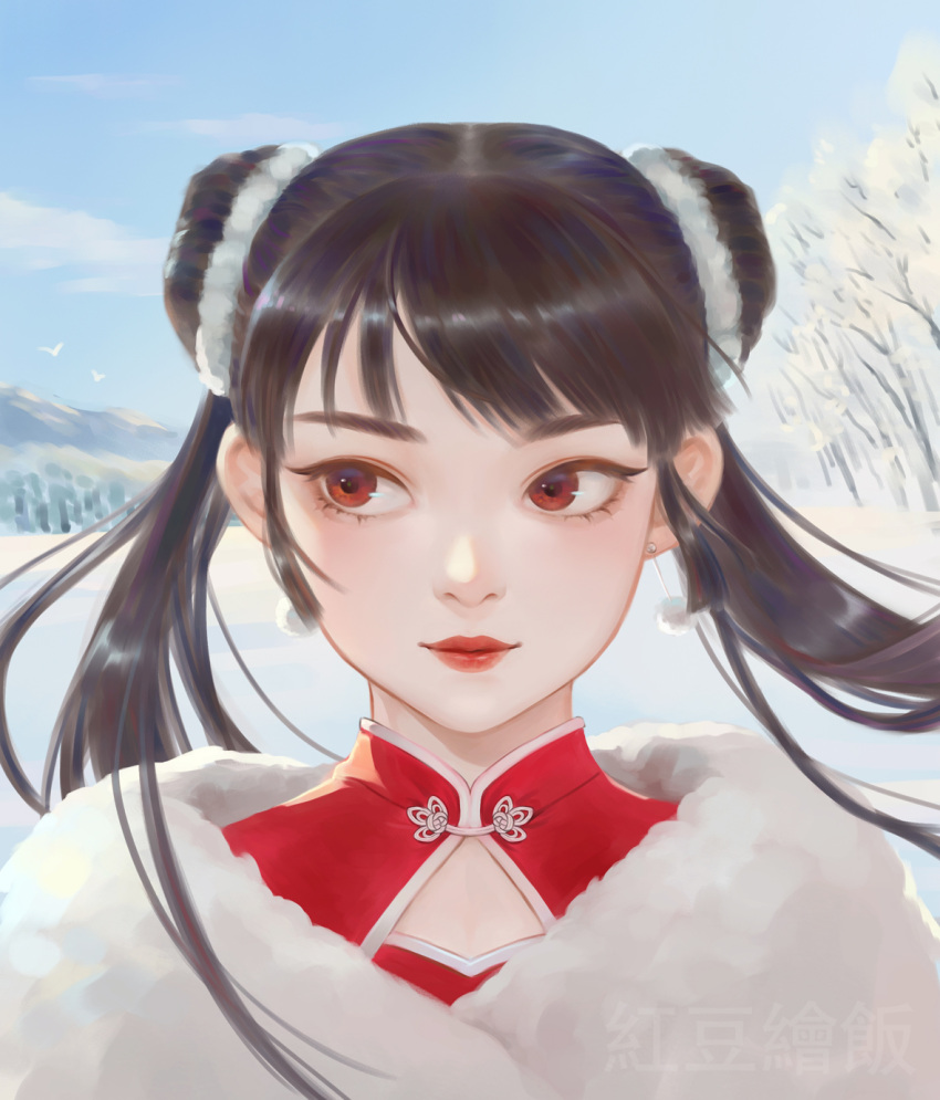 1girl black_hair brown_eyes cardcaptor_sakura chinese_clothes double_bun face fur_trim highres li_meiling lips lipstick long_hair makeup peiyu_zhou portrait realistic red_lipstick sidelocks snow solo