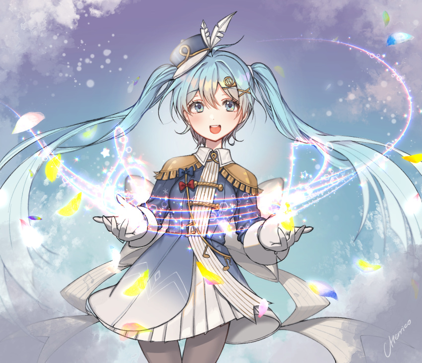 1girl aqua_eyes aqua_hair band_uniform beamed_eighth_notes blue_jacket blue_sky blush bow bow_dress bowtie cherrywithco clouds commentary cowboy_shot double-breasted eighth_note epaulettes feathers gloves hair_feathers hair_ornament hairclip hat hatsune_miku horn_(instrument) jacket light_blush long_hair looking_at_viewer musical_note open_mouth pantyhose petals pleated_skirt skirt sky smile solo staff_(music) treble_clef twintails very_long_hair vocaloid white_bow white_gloves white_skirt yuki_miku yuki_miku_(2020)