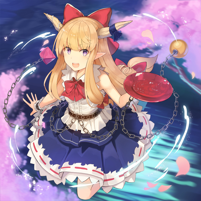 1girl :d absurdres alcohol bangs bare_arms bare_shoulders belt black_belt blonde_hair blue_ribbon blue_skirt blush bow bowtie breasts center_frills chain cherry_blossoms commentary_request cuffs cup eyebrows_visible_through_hair hair_bow hand_up highres holding holding_cup horn_ribbon ibuki_suika long_hair looking_at_viewer low-tied_long_hair oni oni_horns open_mouth petals petticoat pointy_ears pyramid_(geometry) red_bow red_neckwear ribbon rin_falcon sakazuki sake shackles shirt sidelocks skirt sleeveless sleeveless_shirt small_breasts smile solo sphere touhou violet_eyes white_shirt wrist_cuffs
