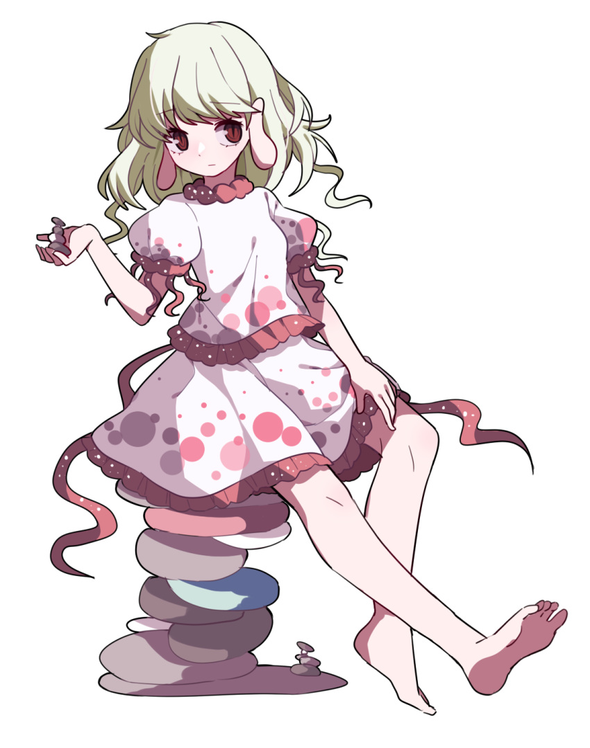 1girl bangs barefoot blonde_hair closed_mouth earlobes ebisu_eika expressionless eyebrows_visible_through_hair frilled_shirt frilled_skirt frills full_body gla hand_up highres medium_hair pebble puffy_short_sleeves puffy_sleeves red_eyes shirt short_sleeves sitting skirt skirt_set slit_pupils solo stone touhou transparent_background