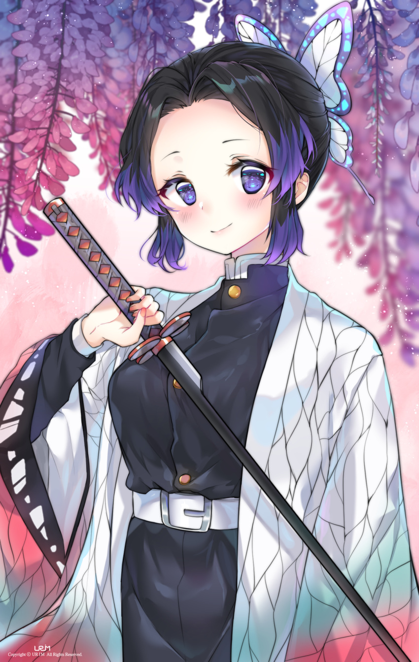 1girl bangs belt black_hair blush breasts bug butterfly butterfly_hair_ornament commentary_request hair_ornament highres insect japanese_clothes katana kimetsu_no_yaiba kochou_shinobu large_breasts long_sleeves looking_at_viewer multicolored_hair outdoors parted_bangs purple_hair short_hair smile solo sword two-tone_hair uniform urim_(paintur) violet_eyes weapon wide_sleeves