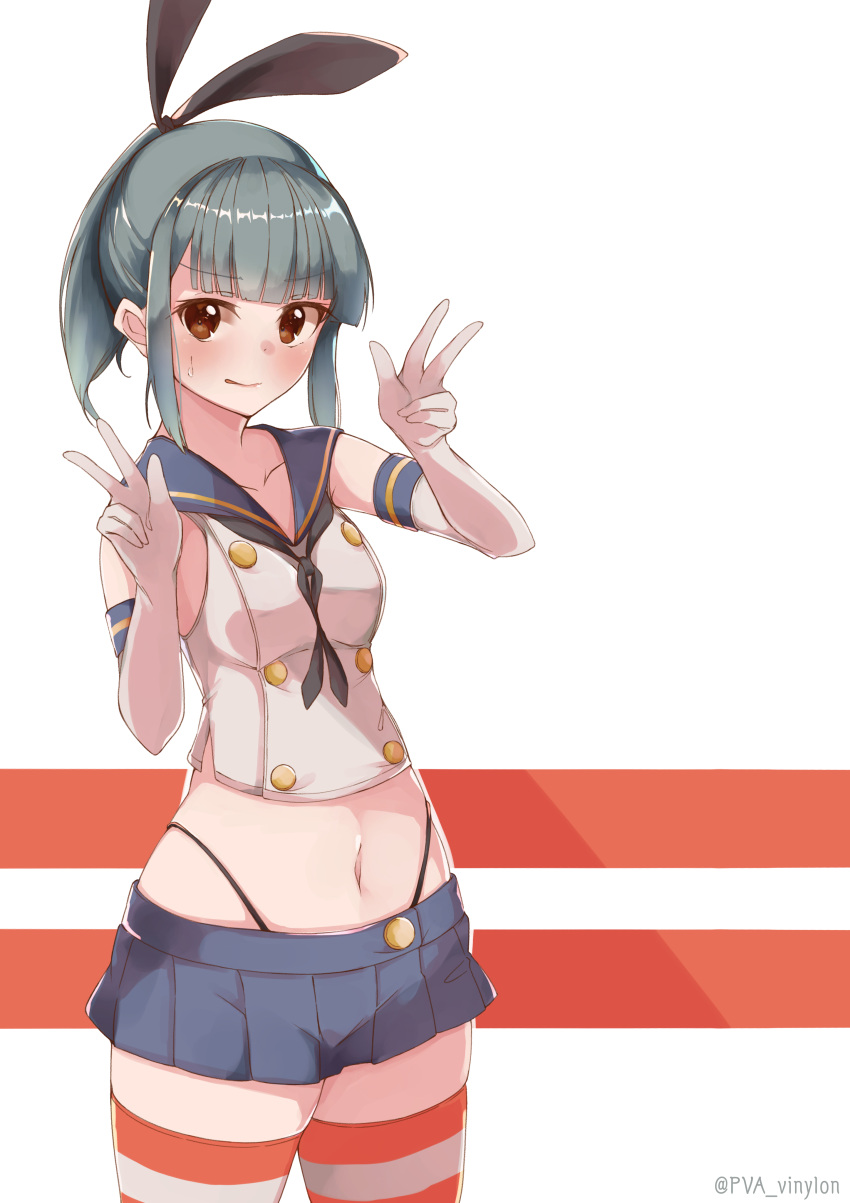 1girl absurdres black_panties blue_skirt blush breasts brown_eyes cosplay cowboy_shot double_v elbow_gloves eyebrows_visible_through_hair gloves green_hair highleg highleg_panties highres kantai_collection looking_at_viewer midriff miniskirt navel panties pleated_skirt ponytail shimakaze_(kantai_collection) shimakaze_(kantai_collection)_(cosplay) short_hair sidelocks simple_background skirt small_breasts solo striped striped_legwear thigh-highs underwear uut v white_gloves yuubari_(kantai_collection)
