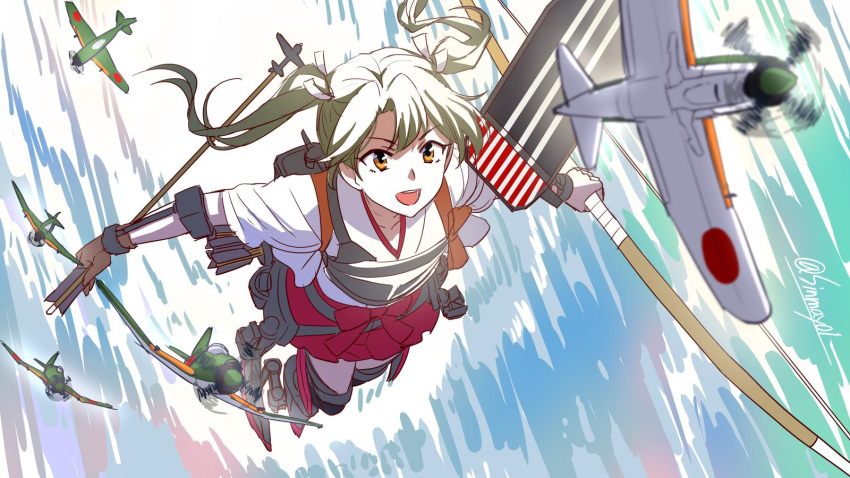 1girl :d aircraft airplane arrow boots bow_(weapon) breasts brown_eyes flight_deck from_above gloves green_eyes green_hair hair_ribbon highres holding holding_arrow holding_bow_(weapon) holding_weapon japanese_clothes kantai_collection long_hair looking_up muneate open_mouth partly_fingerless_gloves red_skirt ribbon shinmai_(kyata) skirt small_breasts smile solo thigh-highs thigh_boots twintails weapon white_ribbon yugake zuikaku_(kantai_collection)