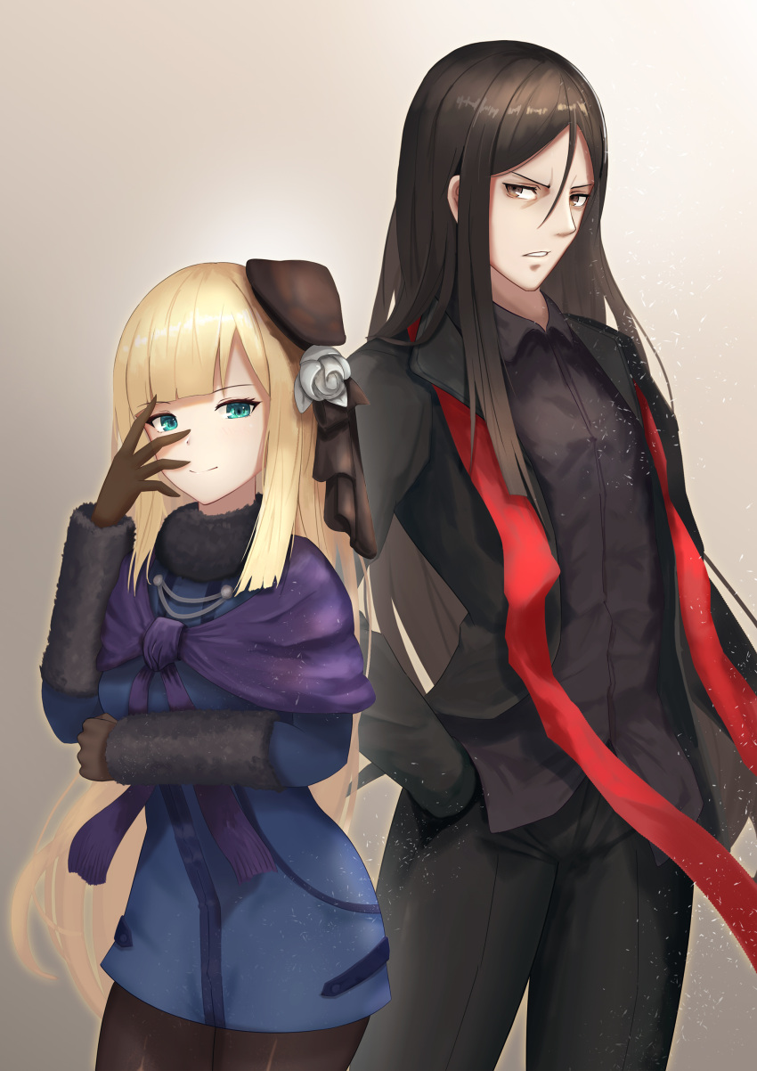 1boy 1girl abeen_jhong absurdres bangs black_hair black_headwear black_jacket black_legwear black_pants blonde_hair blush brown_gloves commentary_request eyebrows_visible_through_hair fate_(series) flower gloves green_eyes hair_flower hair_ornament hat highres jacket long_hair long_sleeves looking_at_viewer lord_el-melloi_ii lord_el-melloi_ii_case_files pants pantyhose parted_bangs reines_el-melloi_archisorte simple_background smile waver_velvet