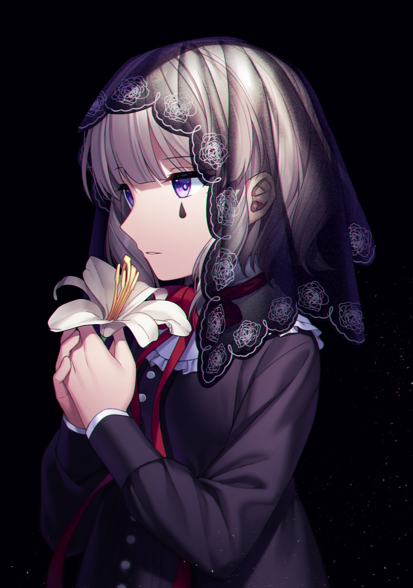 1girl absurdres bangs black_dress commentary_request dark_background dress eyebrows_visible_through_hair facial_mark flower from_side grey_hair highres holding holding_flower jenevan original red_ribbon ribbon see-through solo upper_body violet_eyes white_flower