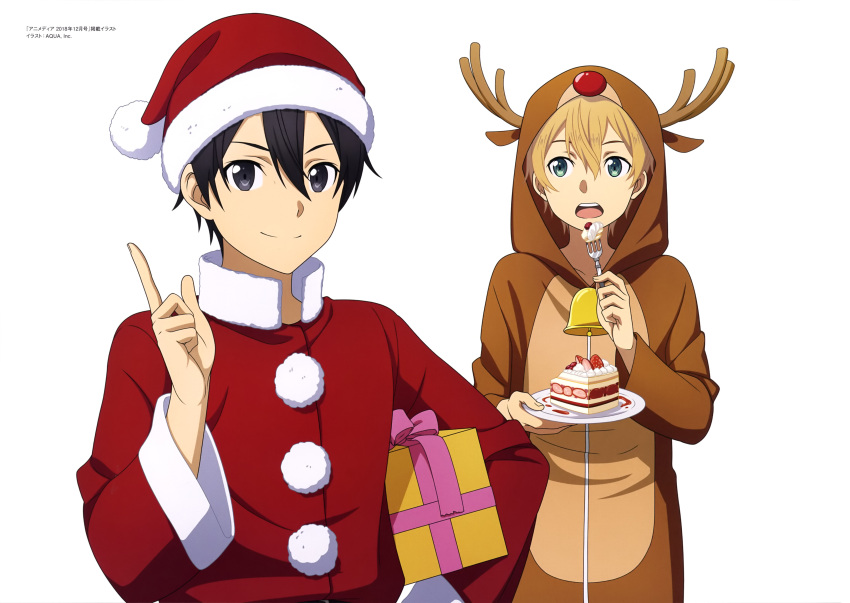 10s 2019 2boys a-1_pictures absurdres animal_costume artist_request ascii_media_works black_hair blonde_hair cake christmas eating eugeo food gift highres kirigaya_kazuto kirito multiple_boys present reindeer_costume santa_costume santa_hat simple_background sword_art_online sword_art_online_alicization tokyo_mx winter