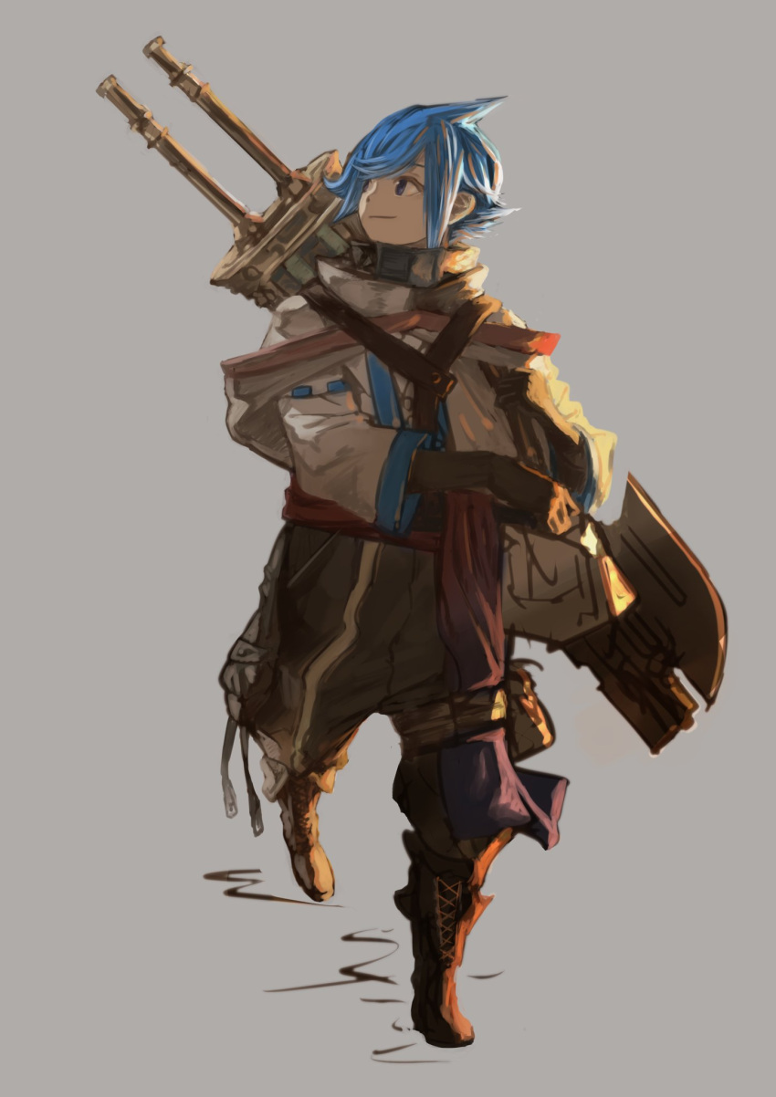 1boy black_gloves blue_eyes blue_hair brown_footwear cloak closed_mouth gloves grey_background highres male_focus nemoto_yuuma original pouch simple_background sketch smile solo sword walking weapon weapon_on_back