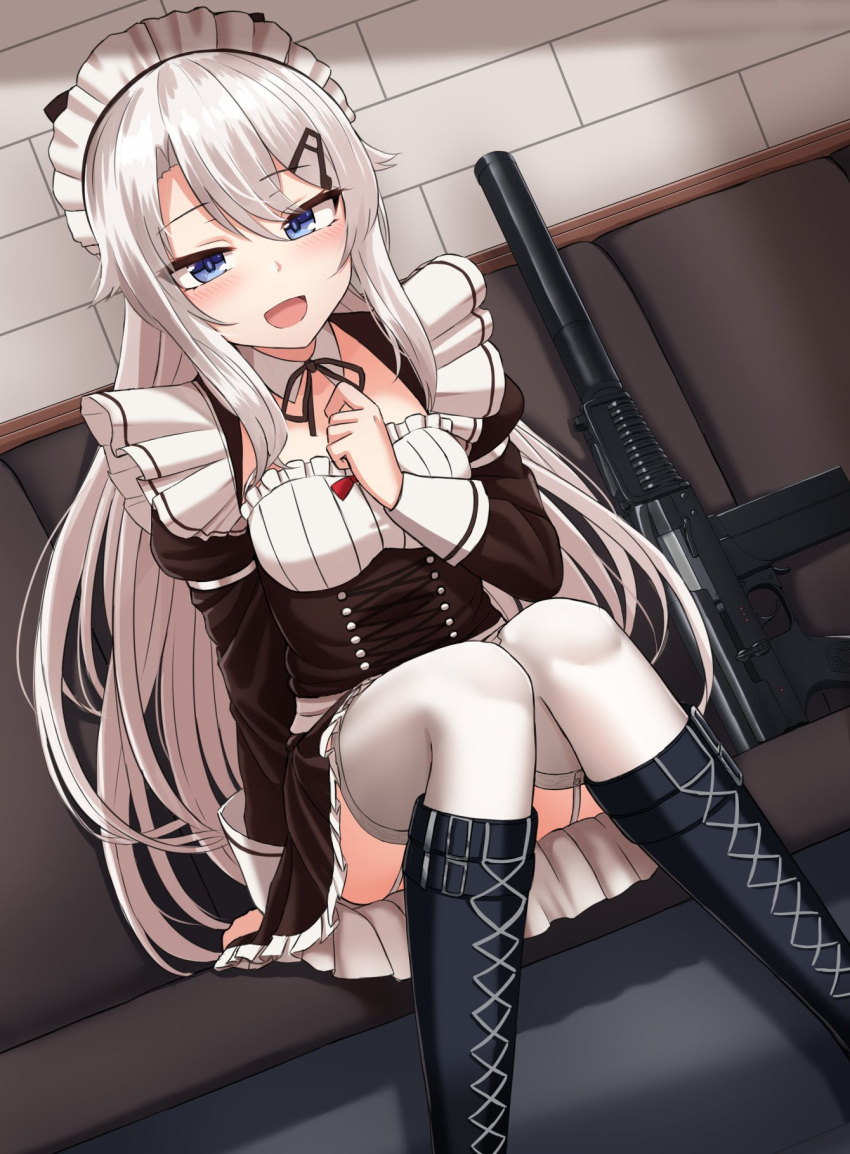 1girl 9a-91 9a-91_(girls_frontline) :d apron assault_rifle bangs blue_eyes blush boots breasts cross-laced_footwear dutch_angle eyebrows_visible_through_hair girls_frontline gun hair_between_eyes hair_ornament hand_up highres knee_boots knees_together_feet_apart lace-up_boots long_hair looking_at_viewer maid maid_headdress medium_breasts open_mouth rabochicken rifle silver_hair sitting smile solo thigh-highs very_long_hair weapon