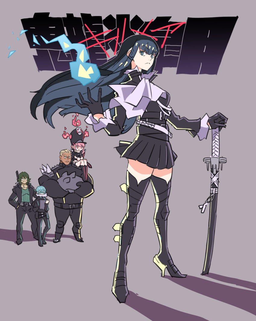 bakuzan black_hair blue_eyes boots gamagoori_ira hair_ornament high_heels highres inumuta_houka jakuzure_nonon katana kill_la_kill kiryuuin_satsuki lio_fotia long_hair looking_at_viewer pleated_skirt promare ryosuketarou sanageyama_uzu school_uniform simple_background skirt sword thick_eyebrows thigh-highs thigh_boots thighs weapon