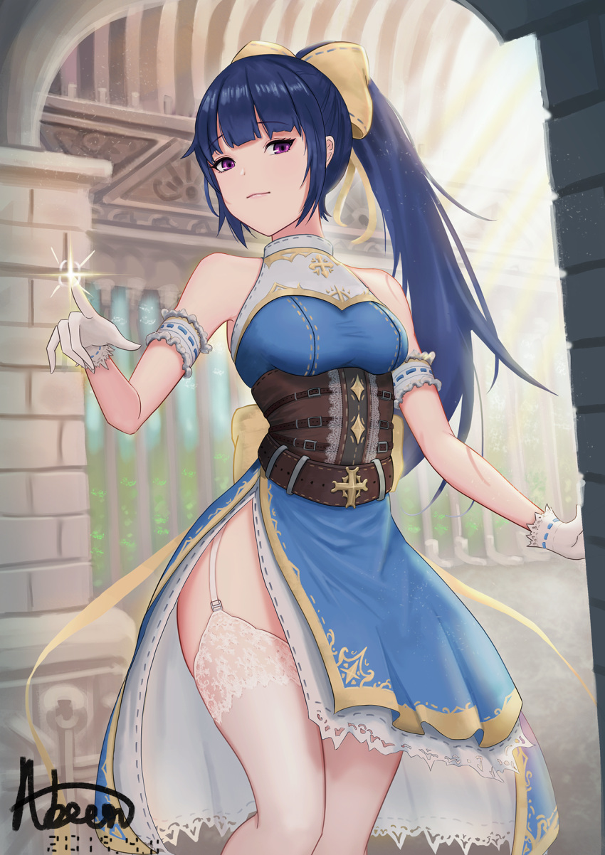 1girl abeen_jhong artist_name bangs blue_dress blue_hair bow breasts commentary corset dress eyebrows_visible_through_hair feet_out_of_frame gloves hair_bow highres large_breasts long_hair looking_at_viewer original pink_eyes ponytail smile solo standing thigh-highs white_gloves white_legwear yellow_bow