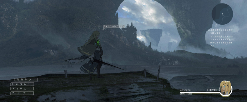 1girl achievement_unlocked asteroid_ill bad_id bad_twitter_id blonde_hair building cape clouds cloudy_sky commentary_request cornea_(asteroid_ill) day from_side grass hair_over_eyes heads-up_display health_bar highres holding holding_sword holding_weapon horizon long_hair minimap neon_trim original outdoors scenery sky solo standing sword translation_request tree user_interface water weapon