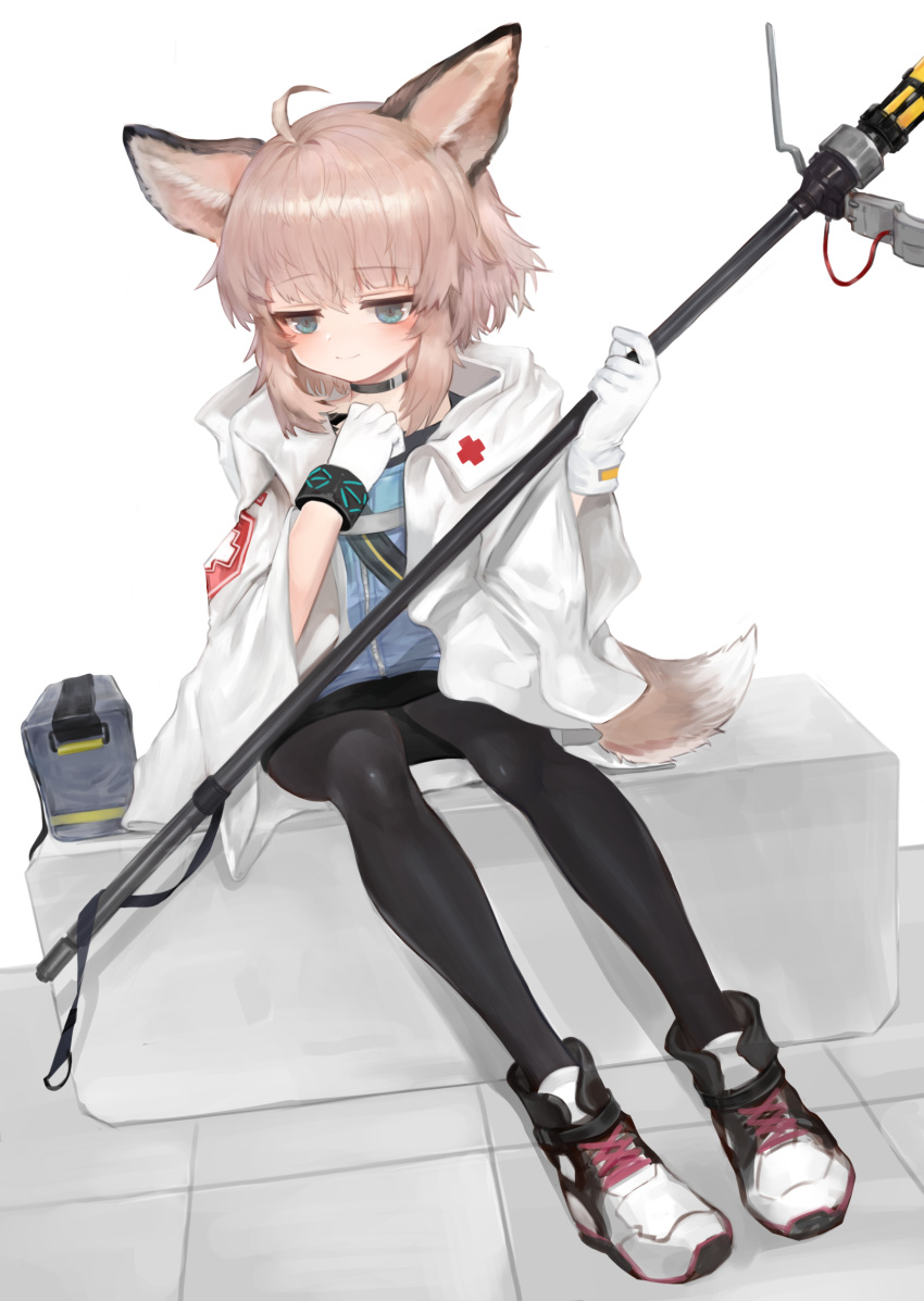 1girl ahoge animal_ear_fluff animal_ears arknights blue_eyes brown_hair collar cooler dokomon dot_nose eyebrows_visible_through_hair fox_ears fox_girl fox_tail full_body gloves highres holding holding_staff hooded_coat medic pantyhose shoes sitting smile sneakers staff sussurro_(arknights) tail white_background white_coat white_gloves