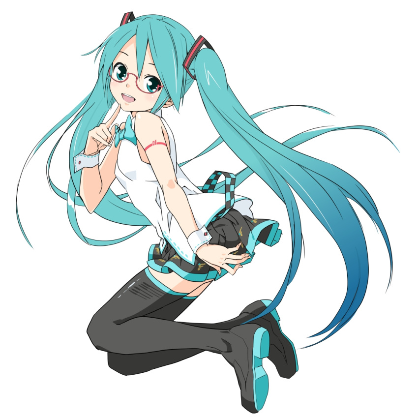 1girl aqua_eyes aqua_hair aqua_neckwear bare_shoulders belt black_legwear black_skirt blue_hair bow bowtie breasts commentary finger_to_chin floating from_side full_body glasses gradient_hair hair_ornament hand_on_own_ass hatsune_miku head_tilt holding_skirt index_finger_raised knees_up light_blush long_hair looking_at_viewer looking_to_the_side multicolored_hair open_mouth pinky_out red-framed_eyewear semi-rimless_eyewear shirt shoulder_tattoo simple_background skirt sleeveless sleeveless_shirt small_breasts smile solo soukun_s tattoo thigh-highs twintails very_long_hair vocaloid vocaloid_(lat-type_ver) white_background white_shirt wrist_cuffs