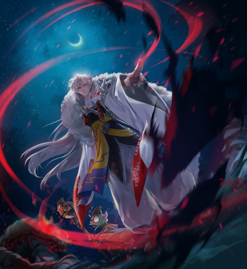 1boy armor crescent crescent_moon demon dutch_angle facial_mark fingernails forehead_mark full_body fur green_skin highres inuyasha jaken japanese_clothes lips long_hair looking_at_viewer male_focus moon night pointy_ears ryo_(ryoxkj) sesshoumaru silver_hair sky staff star_(sky) starry_sky surprised sword very_long_hair weapon yellow_eyes